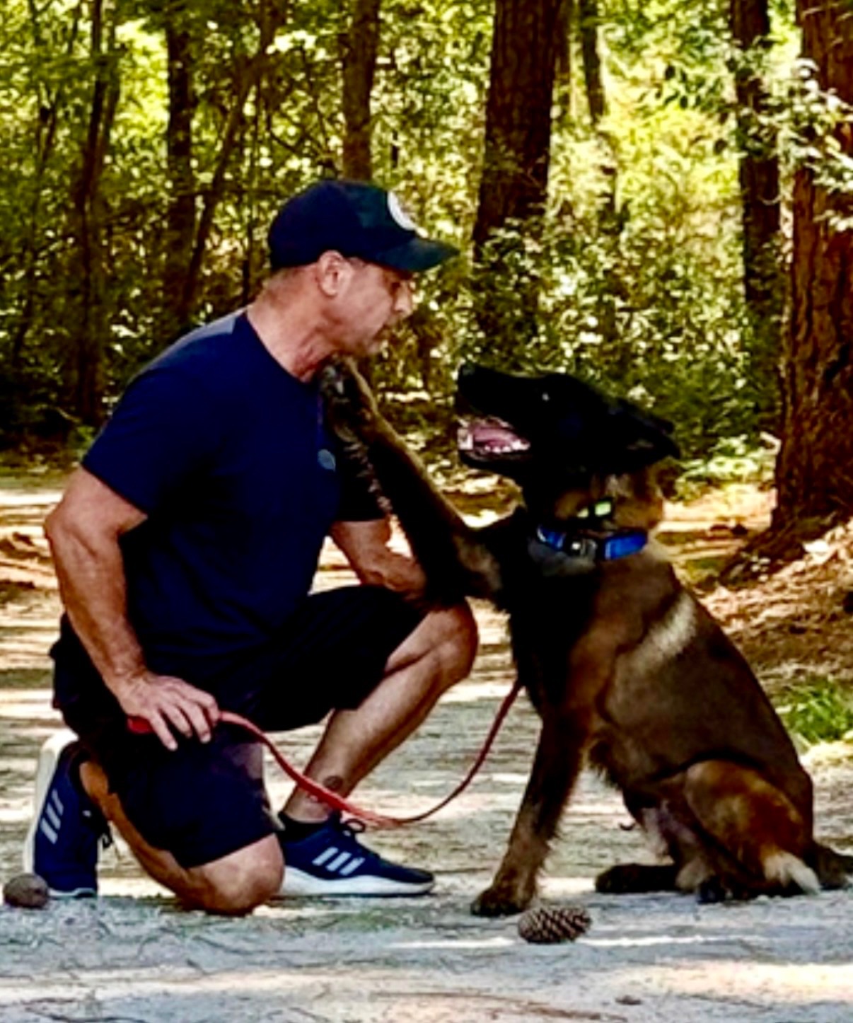 Dusty Paws K9 trainer bonding with dog in forest